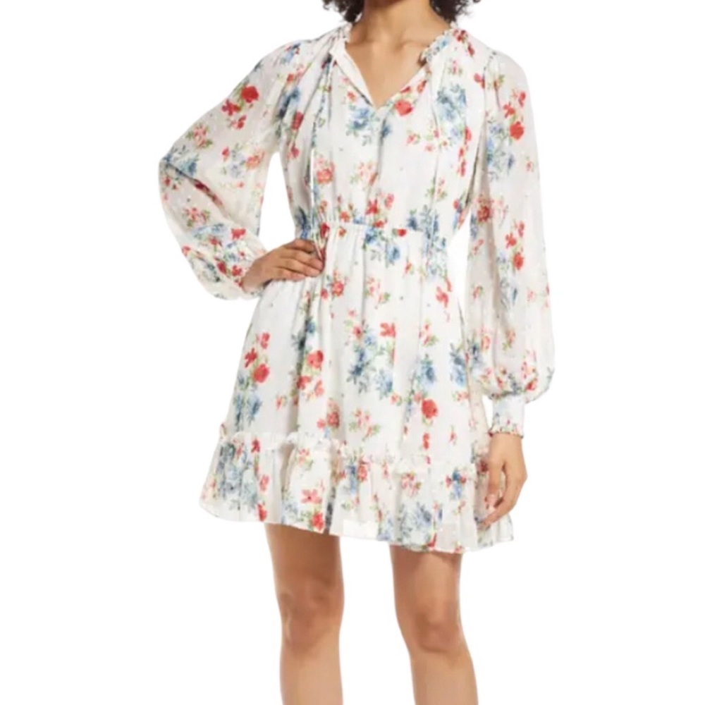 Rachel Parcell Chiffon Long Sleeve Minidress in Ivory Ikat Bouquet S